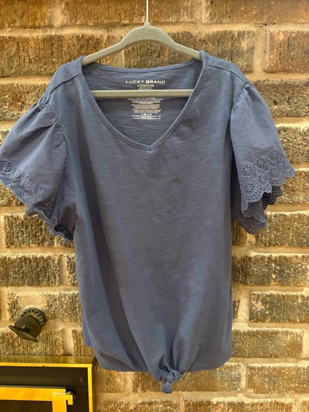 Lucky Brand Dusty Blue V-Neck Tie-Knot Eyelet Sleeve Top